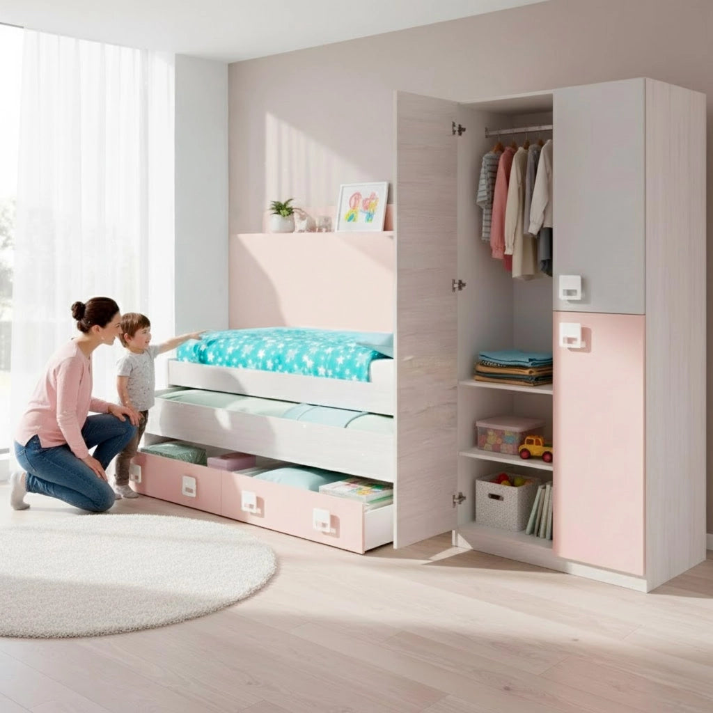 Armadio A 3 Ante Per Camera Ragazzi Con Barra Appendiabiti E 3 Ripiani Design Moderno Salvaspazio 200 X 52 X 90 Cm Bianco Alpi Grigio E Rosa