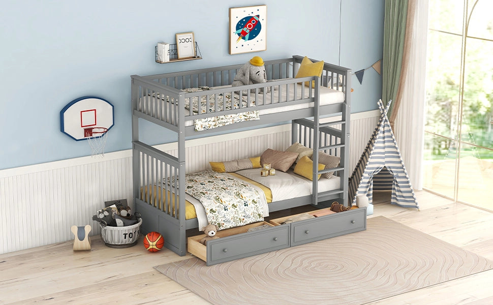 DESMIU Letto a castello 90 × 200 cm 2 posti con 2 cassetti, convertibile in 2 letti, senza materasso, grigio