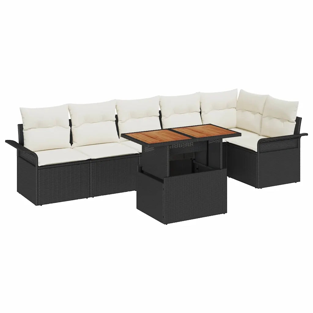 Set Divano da Giardino 7 pcs Nero e Crema polyrattan