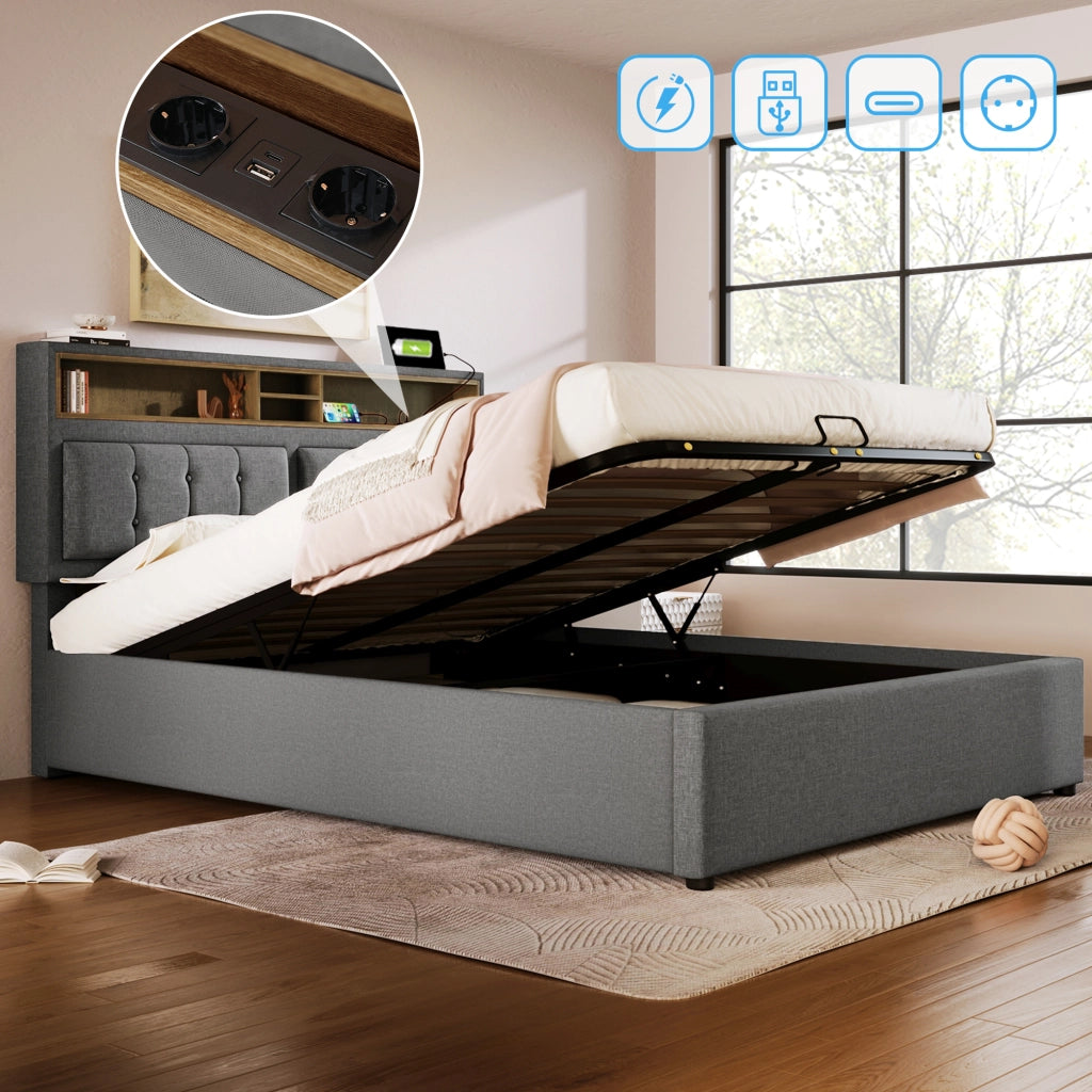 OKWISH Letto Contenitore 160×200 cm, Letto Matrimoniale con Prese, USB, Type-C e Testiera Regolabile, senza Materasso, in Lino - Grigio