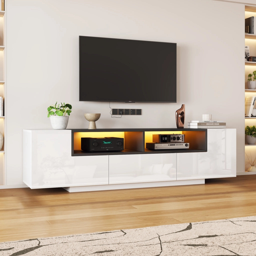 Mobile TV con LED e cassetto 180x40x48 cm in pannello truciolare bianco