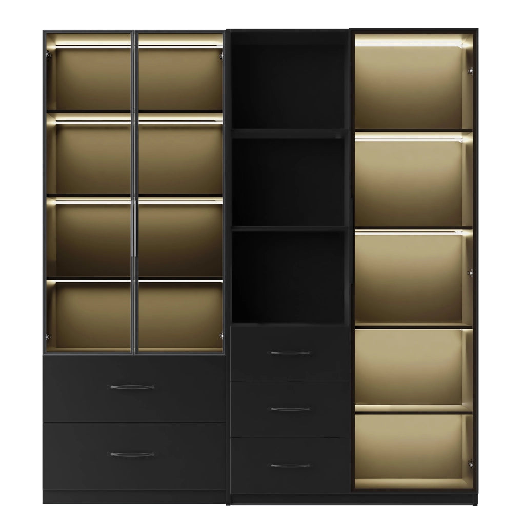 Vetrina LED modulare 140 x 40 x 160 cm con ante in vetro, ripiani aperti e cassetti, colore nero