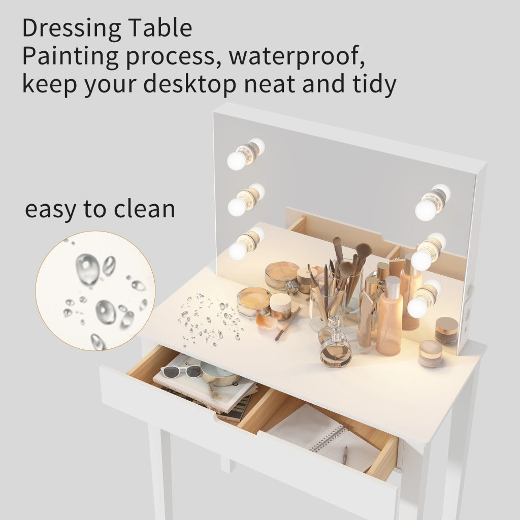 Toeletta con specchio LED a 6 luci; sgabello e 2 cassetti con prese USB e Type-C in MDF bianca per camera