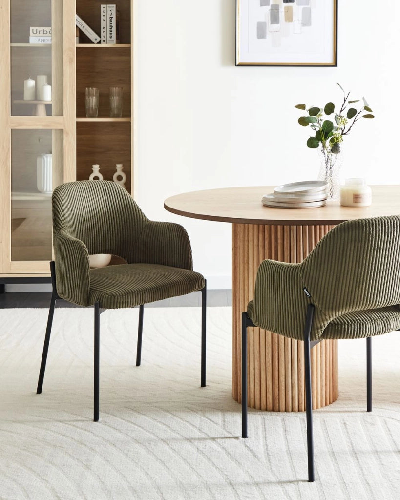Set di 2 sedie da pranzo in velluto verde oliva stile retrò seduta rotonda