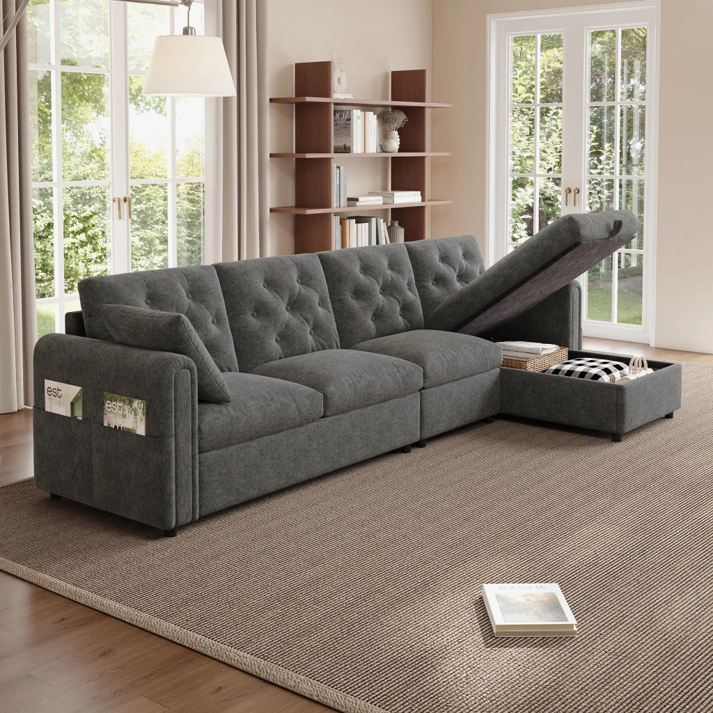 Divano angolare letto con vano contenitore e configurazione reversibile in velluto grigio