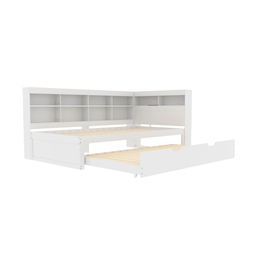 Letto estraibile singolo 90×200 cm con USB e vani portaoggetti; senza materasso; legno; bianco