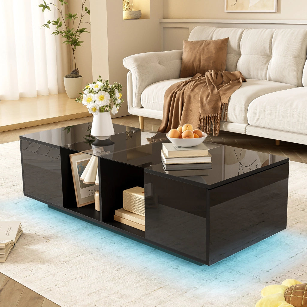 Tavolino da caffè 120x50x38.5 cm; LED integrato e vano laterale; vetro; MDF e truciolare nero