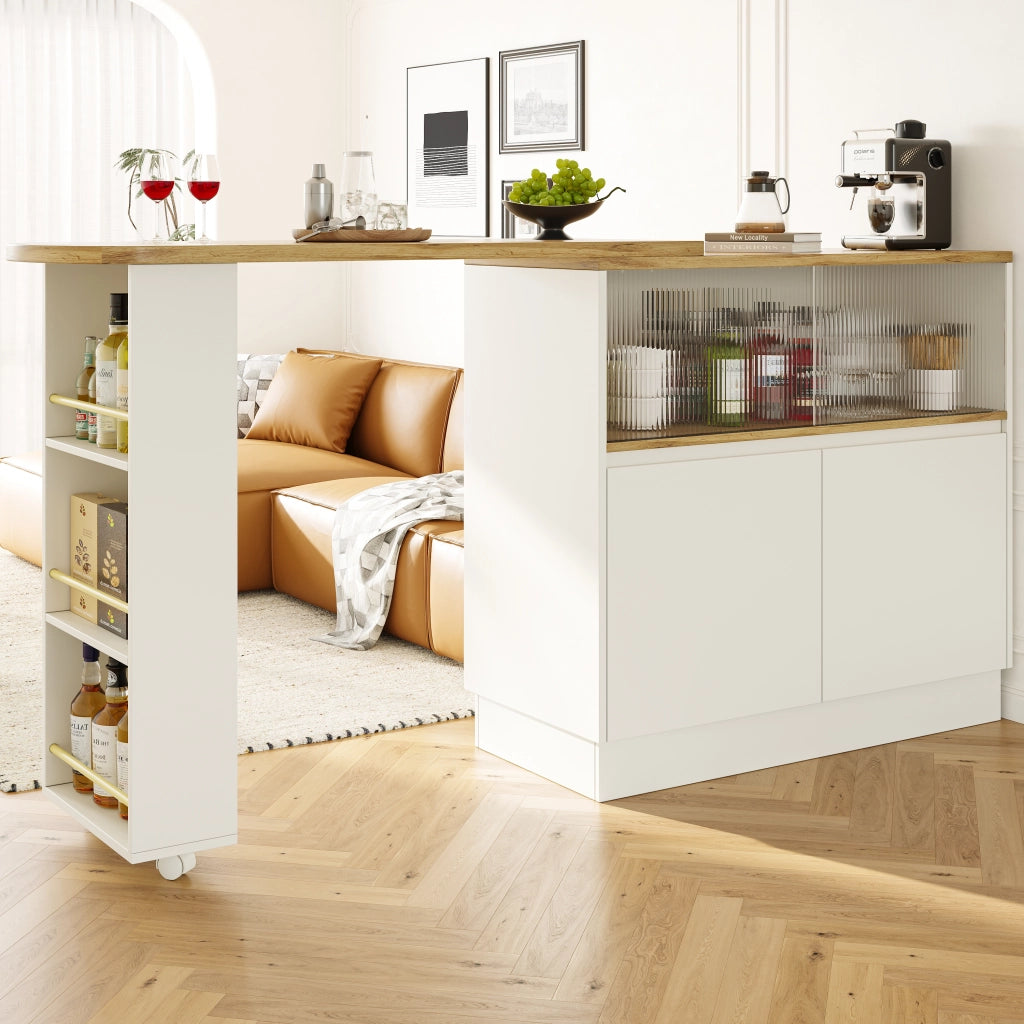 Isola cucina e mobile bar girevole 360° con ante in vetro, ripiani e cassetti, bianco in MDF