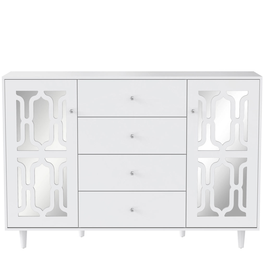 Credenza 147,5 x 40 x 102 cm bianca – frontale a specchio, 4 cassetti
