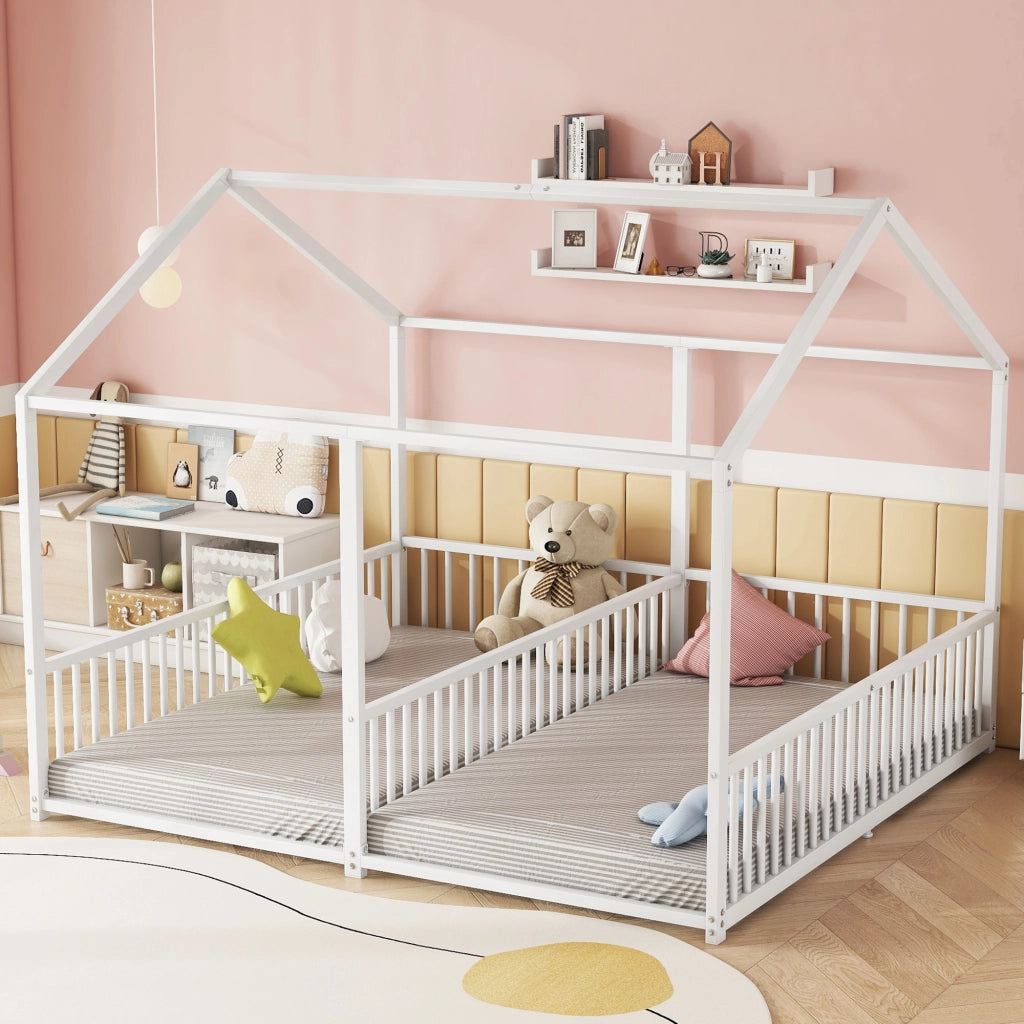 OKWISH Letto a Casetta 90×200 cm, Letto Singolo con Sponda di Sicurezza, Scala e Design a Doppio Letto, senza Materasso, Metallo Bianco