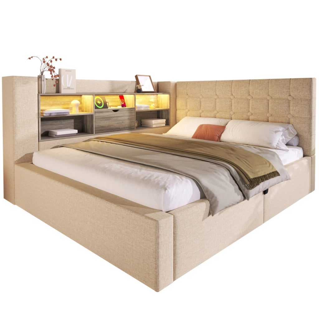 Letto 140x200 cm con contenitore idraulico e LED; lino; beige
