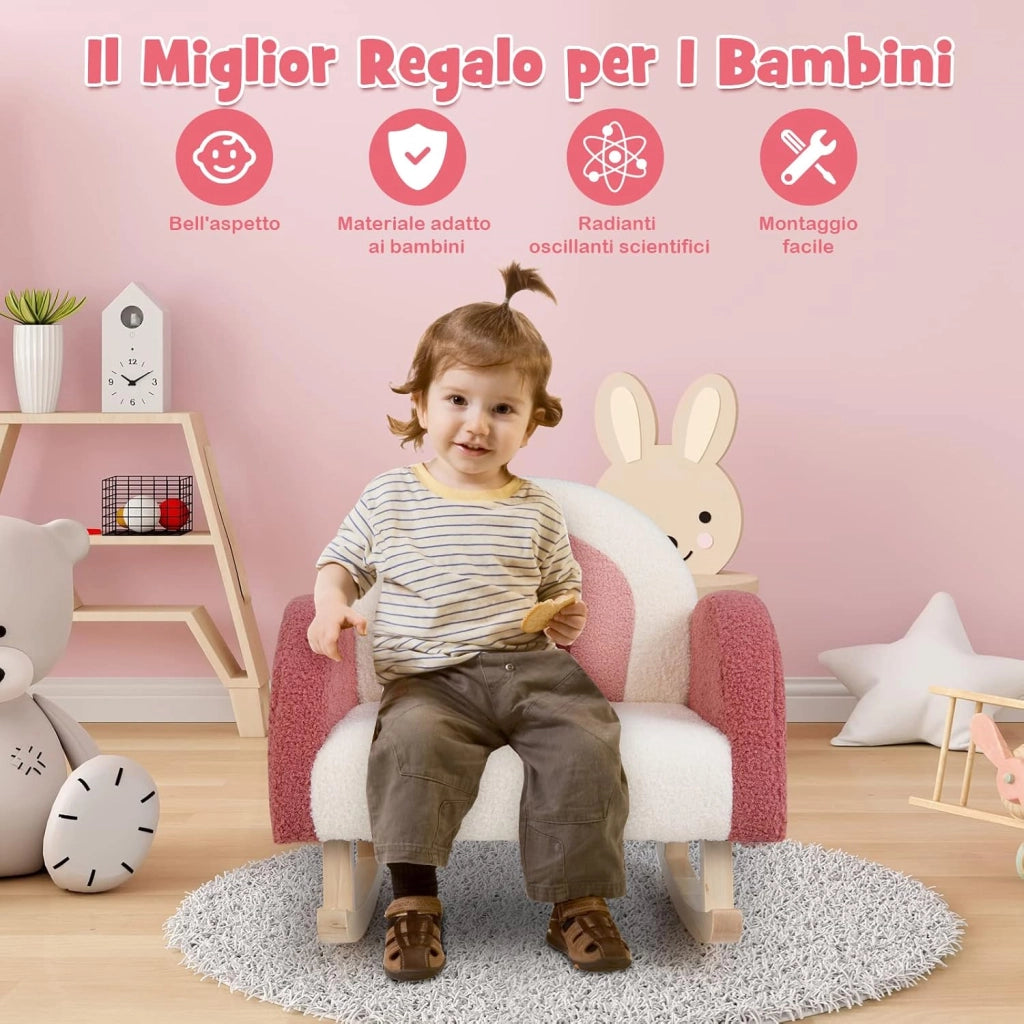 Sedia a Dondolo per Bambini con Gambe in Legno Massello, Poltrona per Bambini di 3-5 Anni, Divanetto Singolo Imbottito per Cameretta, 50,5 x 49 x 50,5 cm, Portata 50 kg (Rosso)