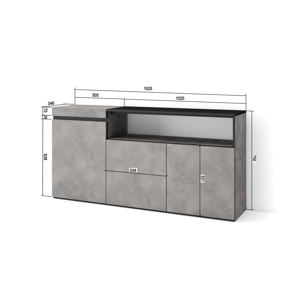 Credenza, Mobile, 150x35x75cm, 3 Porte, grande stoccaggio, grigio cemento RF2496