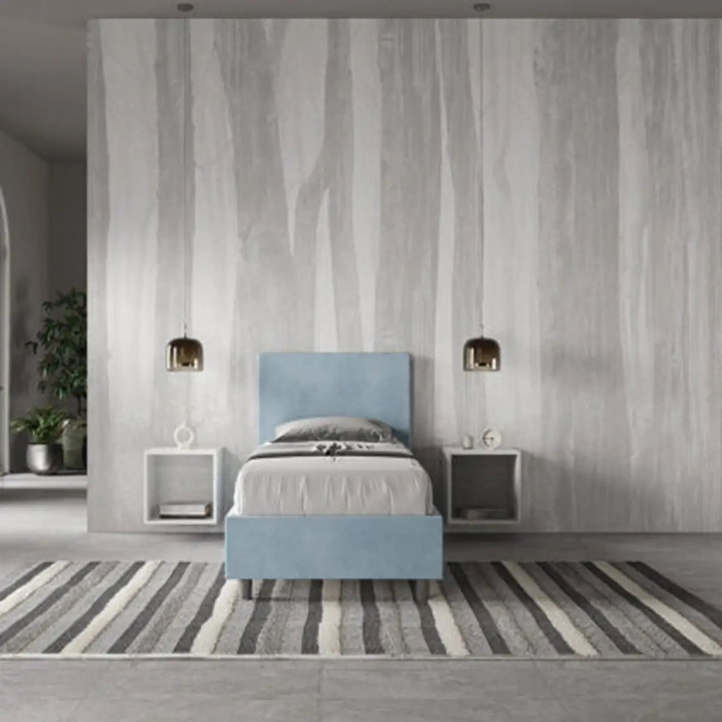 Letto singolo senza rete imbottito 80x190 microfibra azzurro Adele