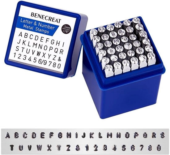 Stereotipo metallico con 36 pezzi, 3 mm, alfabeto e numeri arabi, timbro/bollo, metallo, con scatola, attrezzo per timbrature in metallo, gioielli, pelle, legno