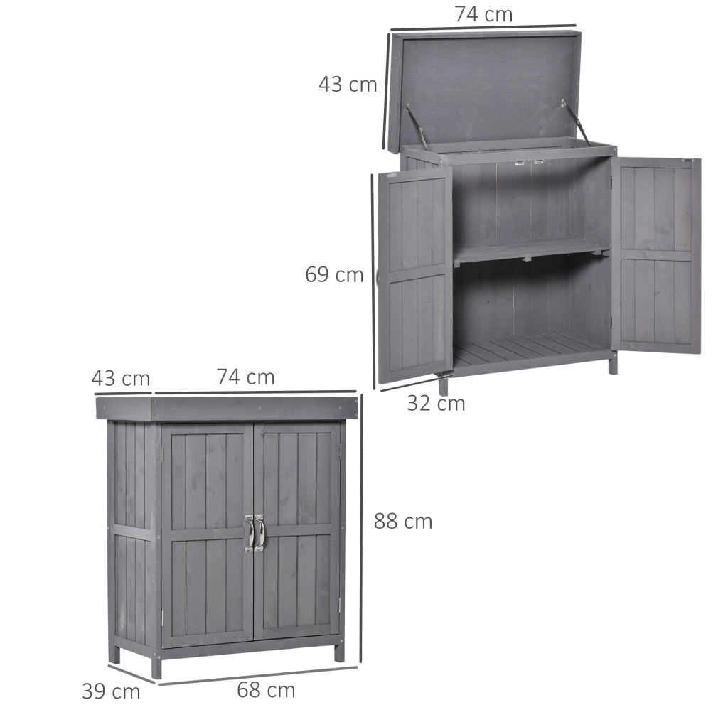 Mobile da giardino per attrezzi con piano di lavoro e doppie ante 74x43x88 cm; legno grigio