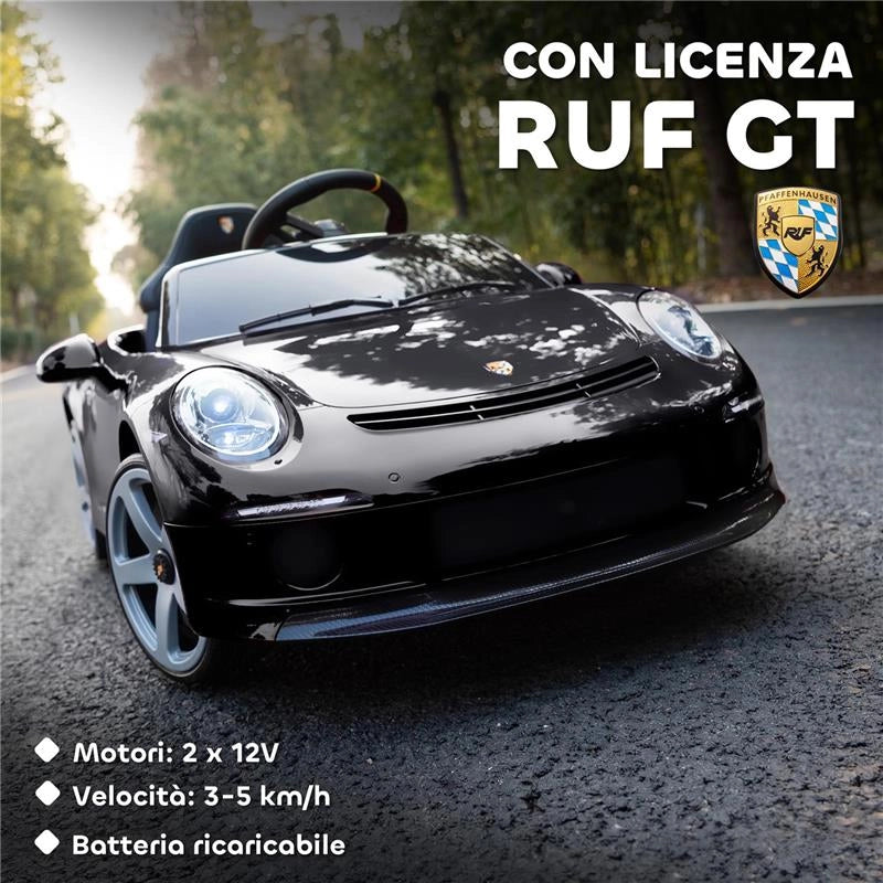 MACCHINA PER BAMBINI 3-5 ANNI CON LICENZA UFFICIALE RUF GT, TELECOMANDO, CINTURA DI SICUREZZA E MUSICA, NERO