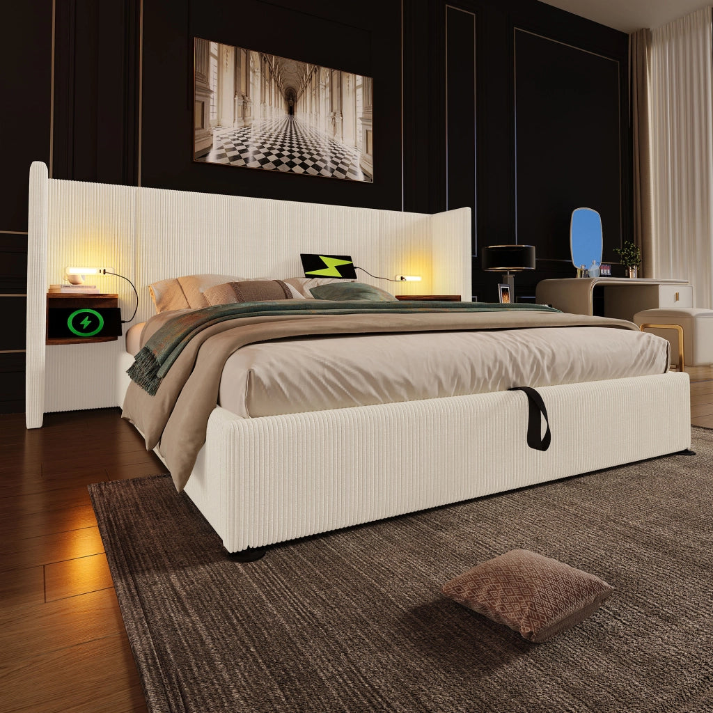 LETTO CONTENITORE 180x200 cm in corduroy beige-bianco con testiera multifunzione