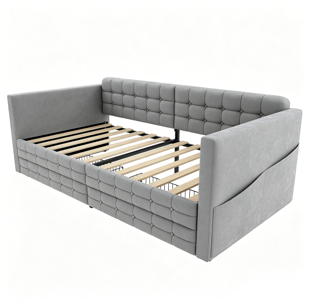 Letto imbottito 90x190 cm con contenitore e tasche in velluto grigio chiaro