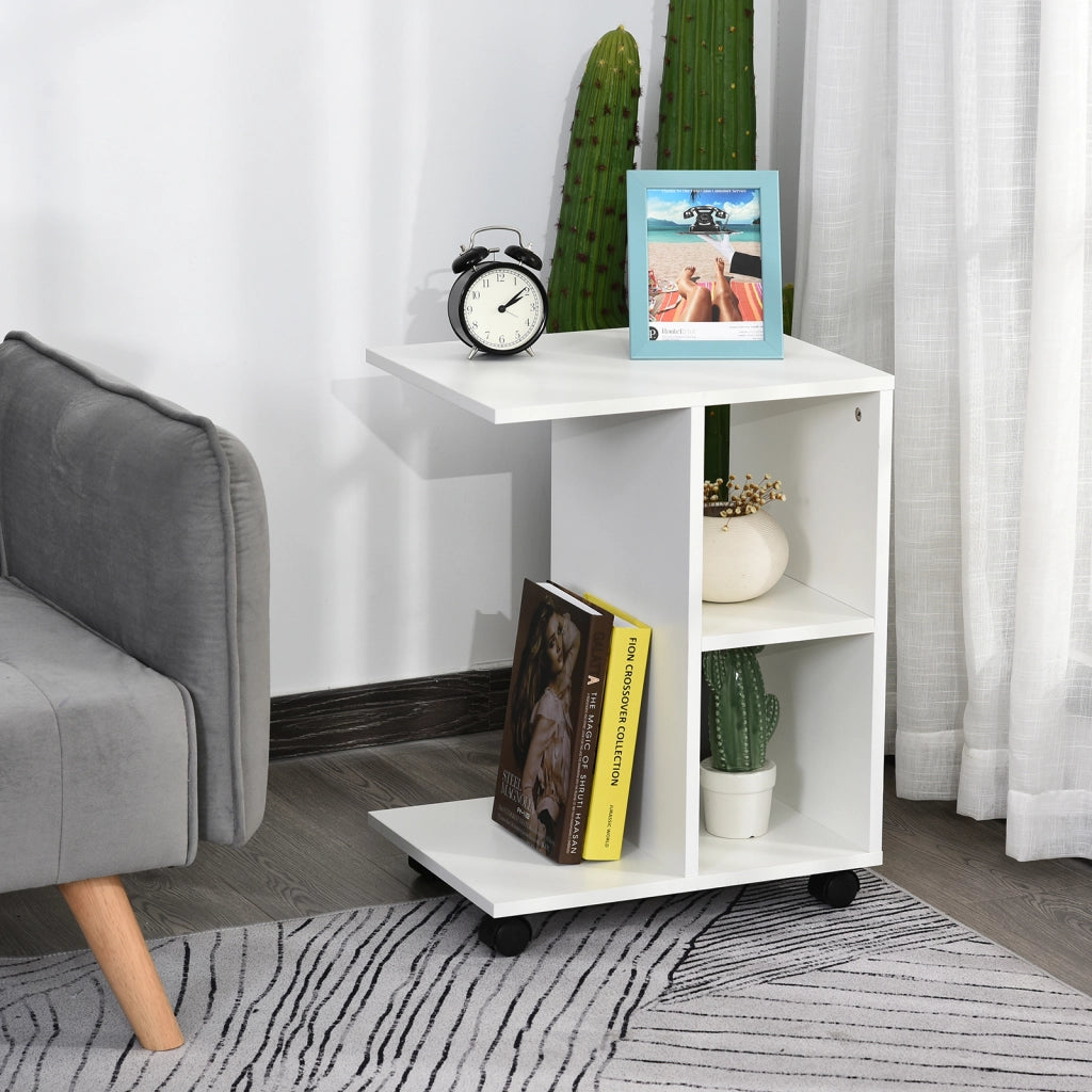 EasyComfort Tavolino da Salotto a C con 2 Ripiani Aperti e 4 Ruote Girevoli, in MDF e PE, 45x35x58 cm, Bianco