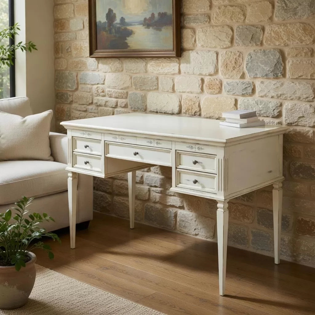 Scrivania classica in legno bianco consumato 130x70x80 - Mobili 2G
