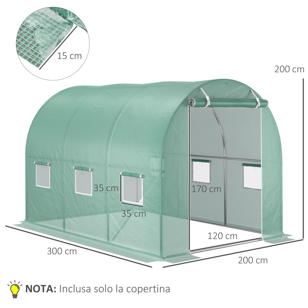 Telo per Serra in PE con 6 Finestre, Porta Avvolgibile e Bordi Interrati, 3x2x2 m, Verde