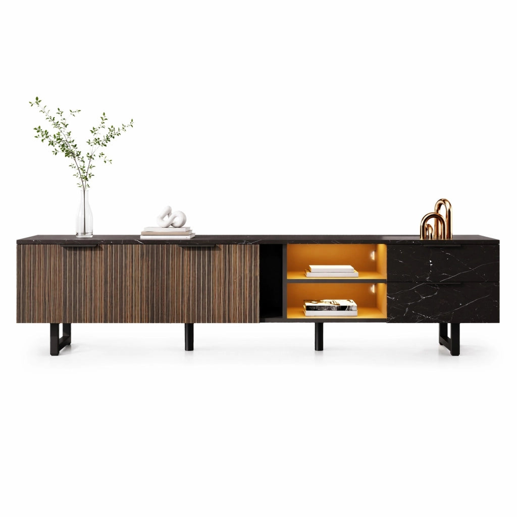 Mobile TV 200 cm con finitura marmo nero e LED multicolore