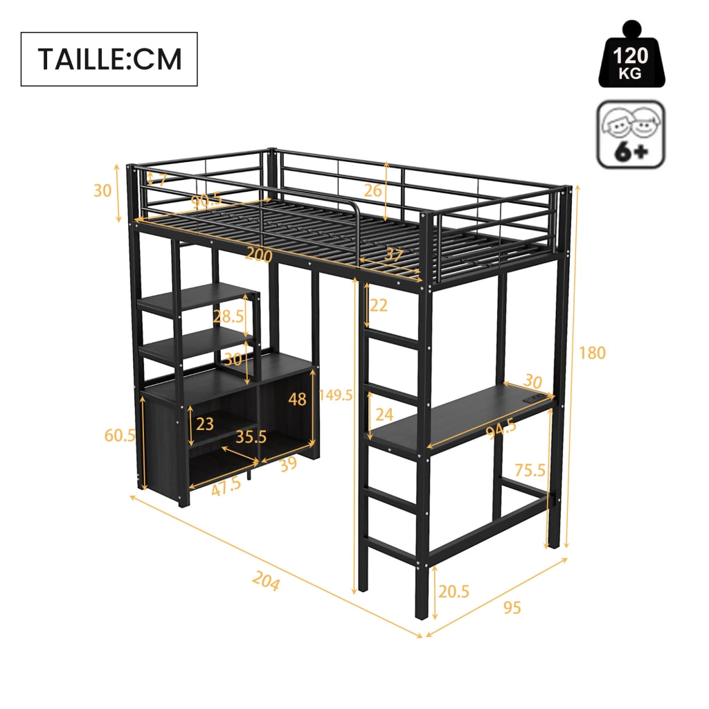 OKWISH Letto a Soppalco 90×200 cm, Letto Singolo con Scrivania, Presa, USB, Mensole e Armadietto Aperto, senza Materasso, Metallo, Nero