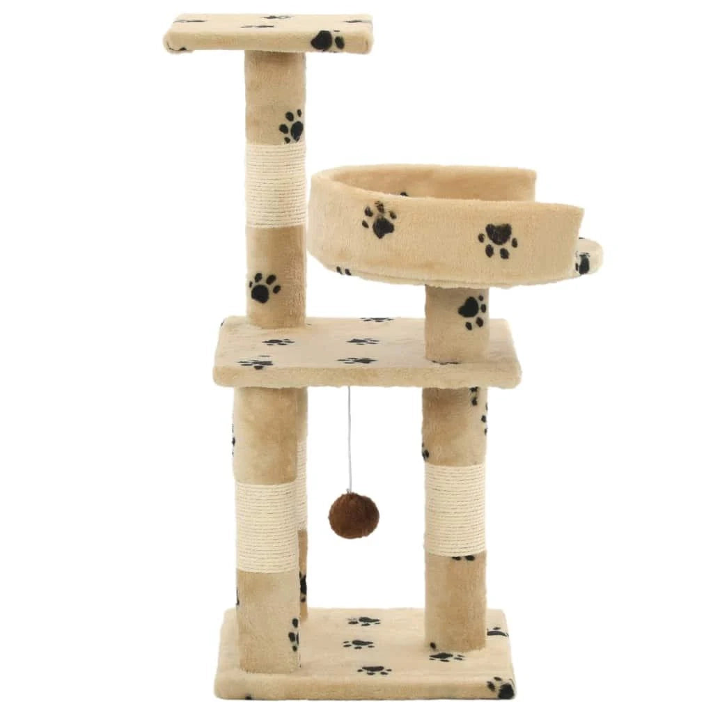 Tiragraffi albero per gatti cuccia per gatti peluche in sisal 65 cm beige con motivo a impronta di zampa 3702044