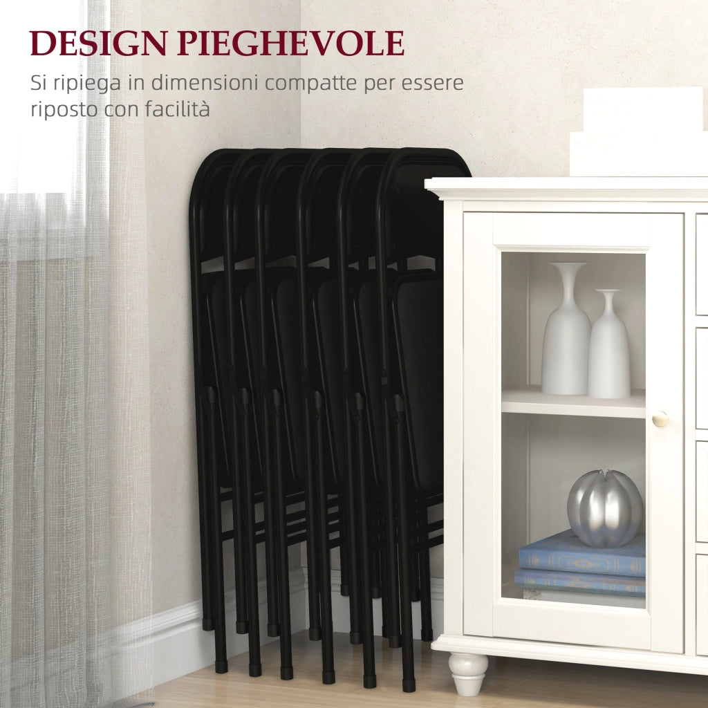 Set 6 Sedie Pieghevoli con Seduta Imbottita e Struttura in Acciaio Nero