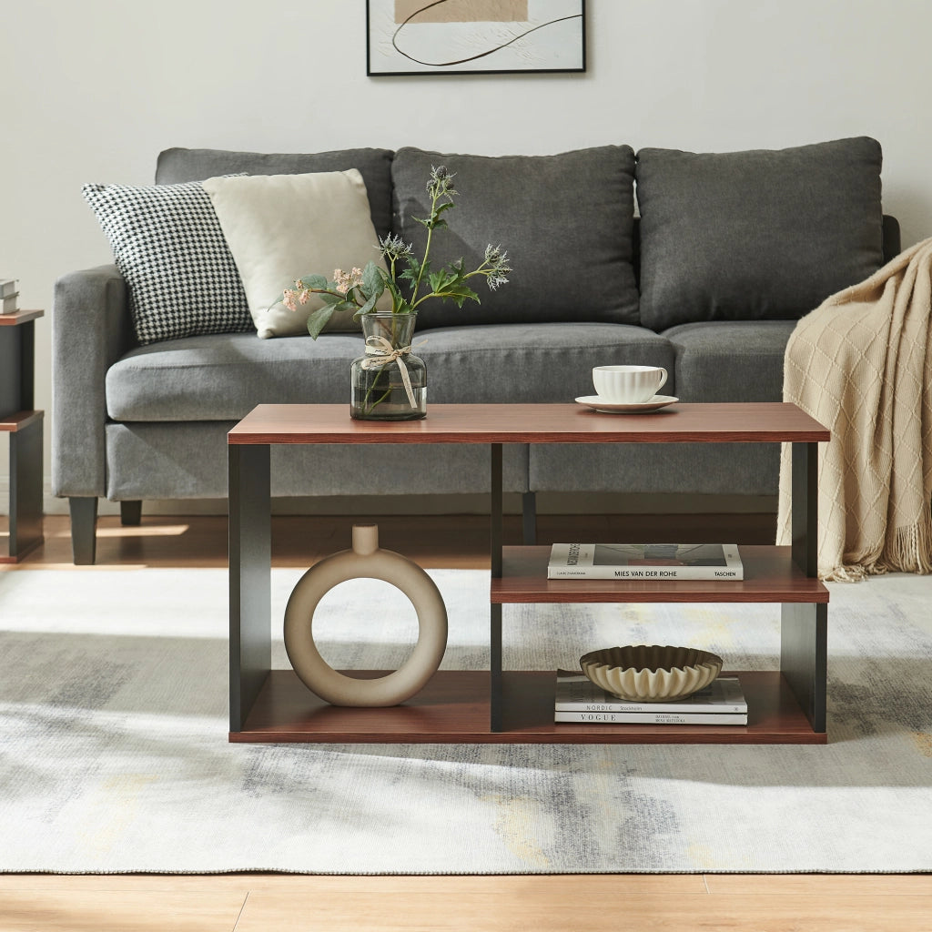Tavolino da Salotto Trond con 3 Vani Aperti 80 x 40 x 42 cm - Nero/Effetto Noce [en.casa]