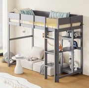 Letto a soppalco grigio 90x200 cm in pino massello con ripiano e rete