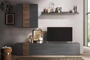 Parete Attrezzata Design Contemporaneo 301x44x195 cm Mobile TV e Pensile Titanio e Noce Mercure