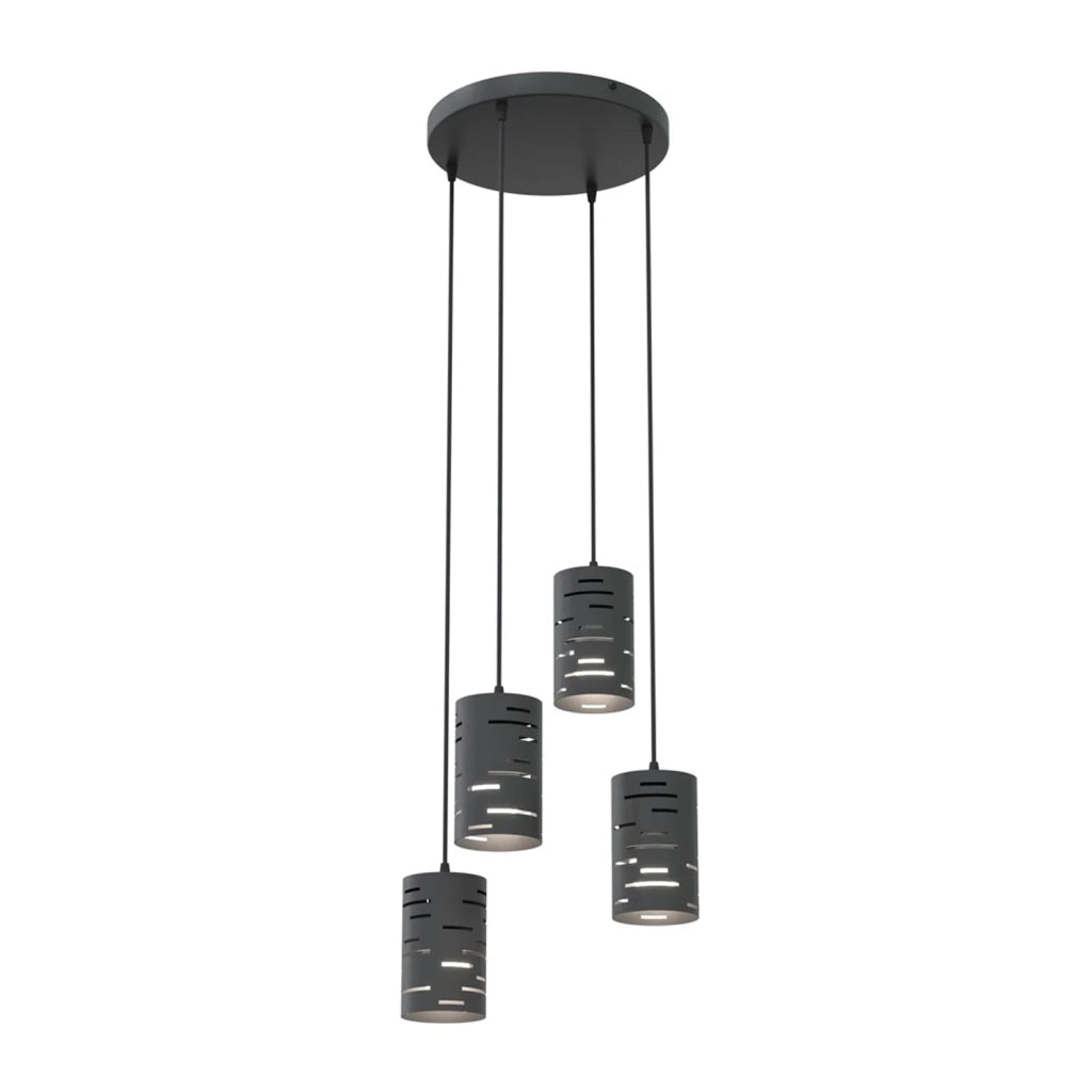 Sospensione 4 Luci Venere Con Base Tonda In Acciaio Nero E Cilindri
