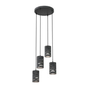 Sospensione 4 Luci Venere Con Base Tonda In Acciaio Nero E Cilindri