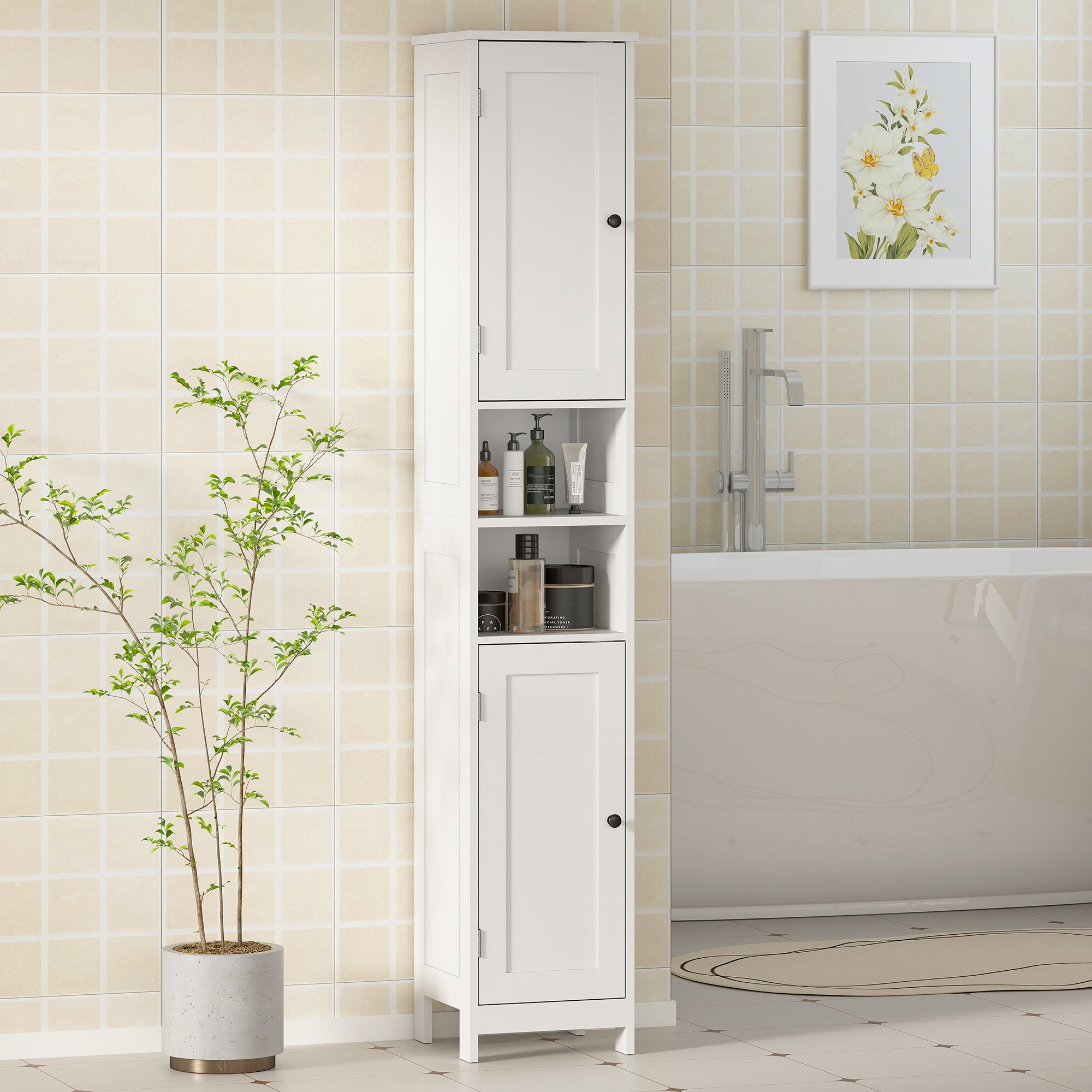 Mobile Alto a Colonna Bagno 30x30x170 cm con 2 Ripiani Aperti e 2 Armadietti in Legno Bianco