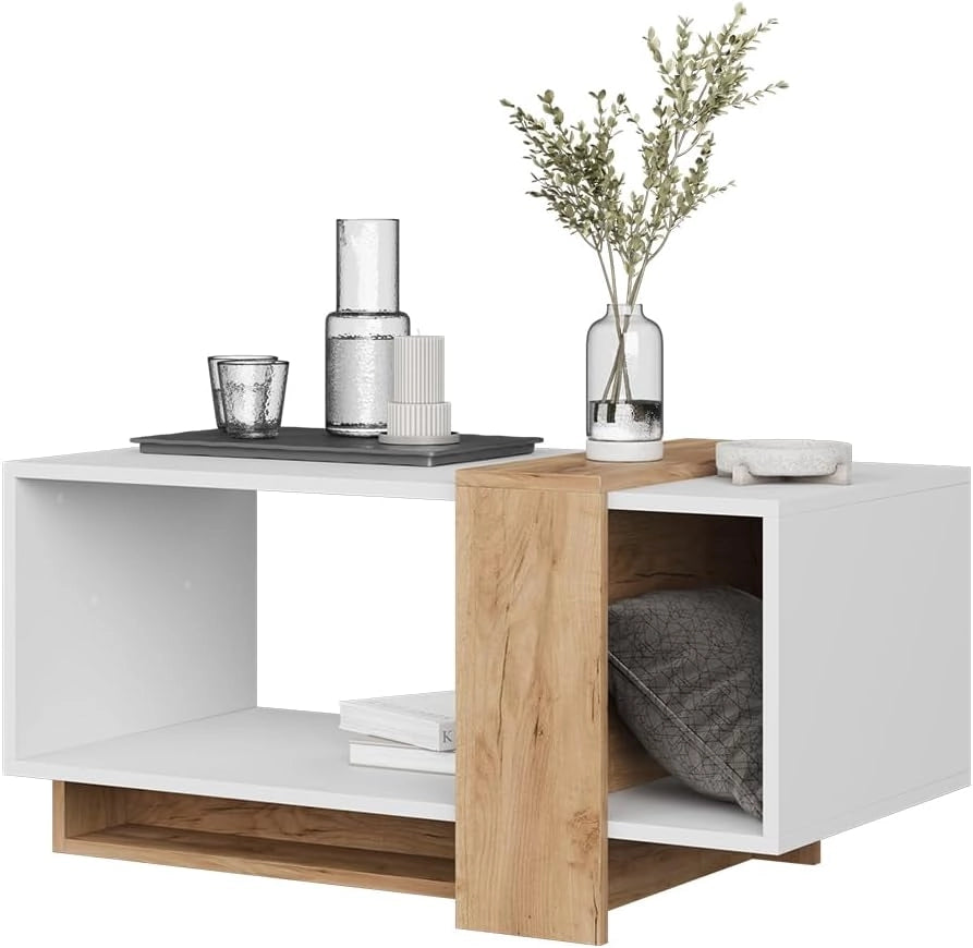 Tavolino Aven, Rovere bianco/dorato, 91.8 x 49 cm, con ripiano aperto per la conservazione di oggetti di uso quotidiano