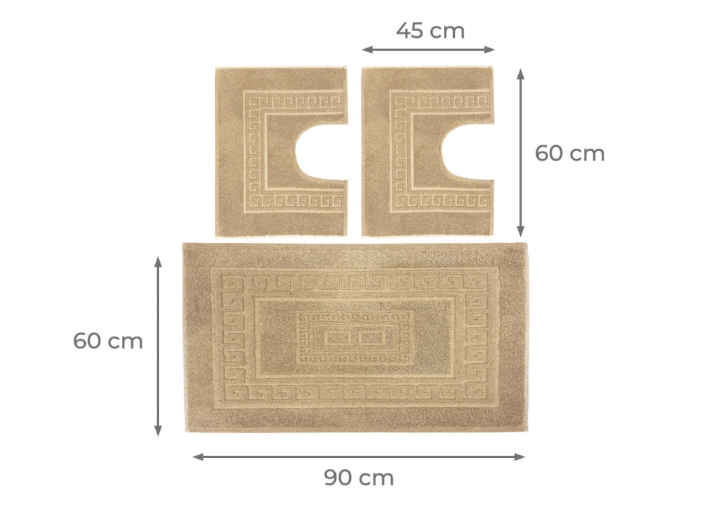 Tappeto Bagno Doccia Spugna Tinta Unita Torino Tappetino Super Assorbente In Cotone Pelo Corto Con Greca - Parure 3 Pezzi - Beige
