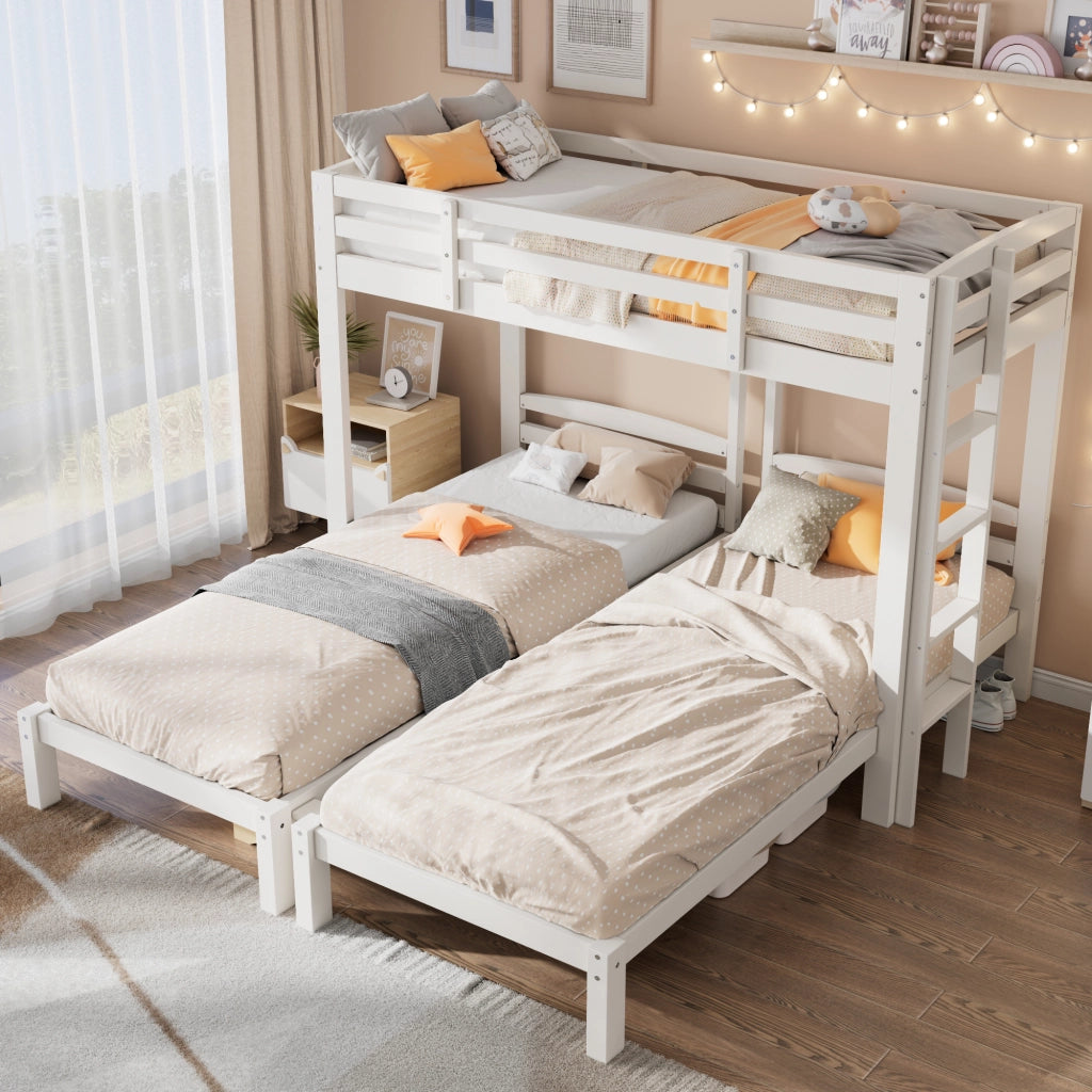 OKWISH Letto a Castello 90×200 cm, Letto 3 Posti con Scala Laterale e Sponda, senza Materasso, in Legno Massello, Bianco