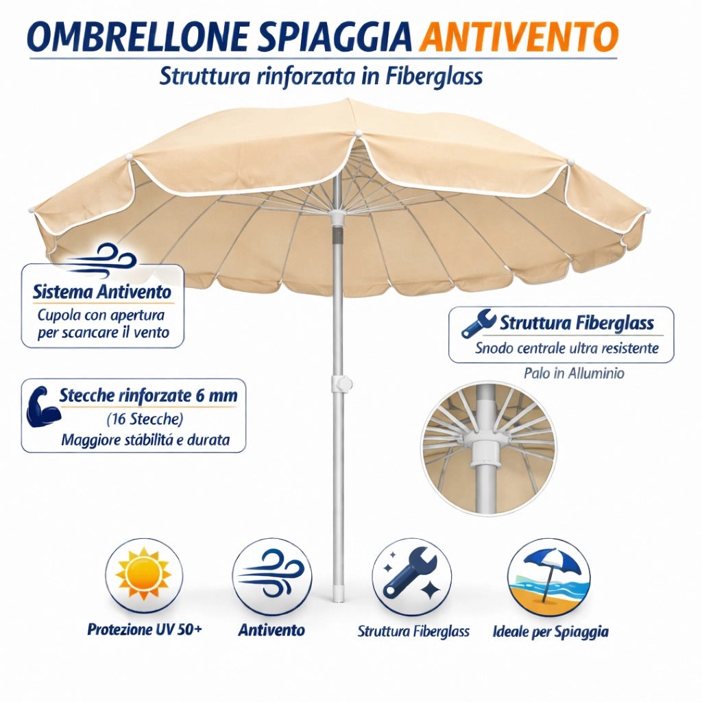 Ombrellone Mare 220 cm Antivento UV50+ 16 Stecche Fibra Palo Alluminio Inclinabile