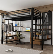 Letto a soppalco 120x200 cm con scala laterale; porta di ricarica e appendiabiti in metallo e MDF nero e noce scuro