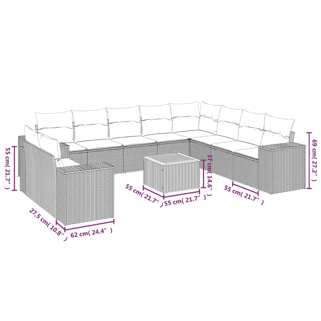 Set Divani da Giardino 11 pz con Cuscini Beige in Polyrattan