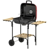 Barbecue a Carbone con 3 Ripiani e Ruote, Coperchio con Presa d'Aria Regolabile, Rosso