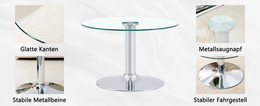 Tavolino basso rotondo con piano in vetro temperato e base in metallo, stile moderno, argento, 70 × 45 cm