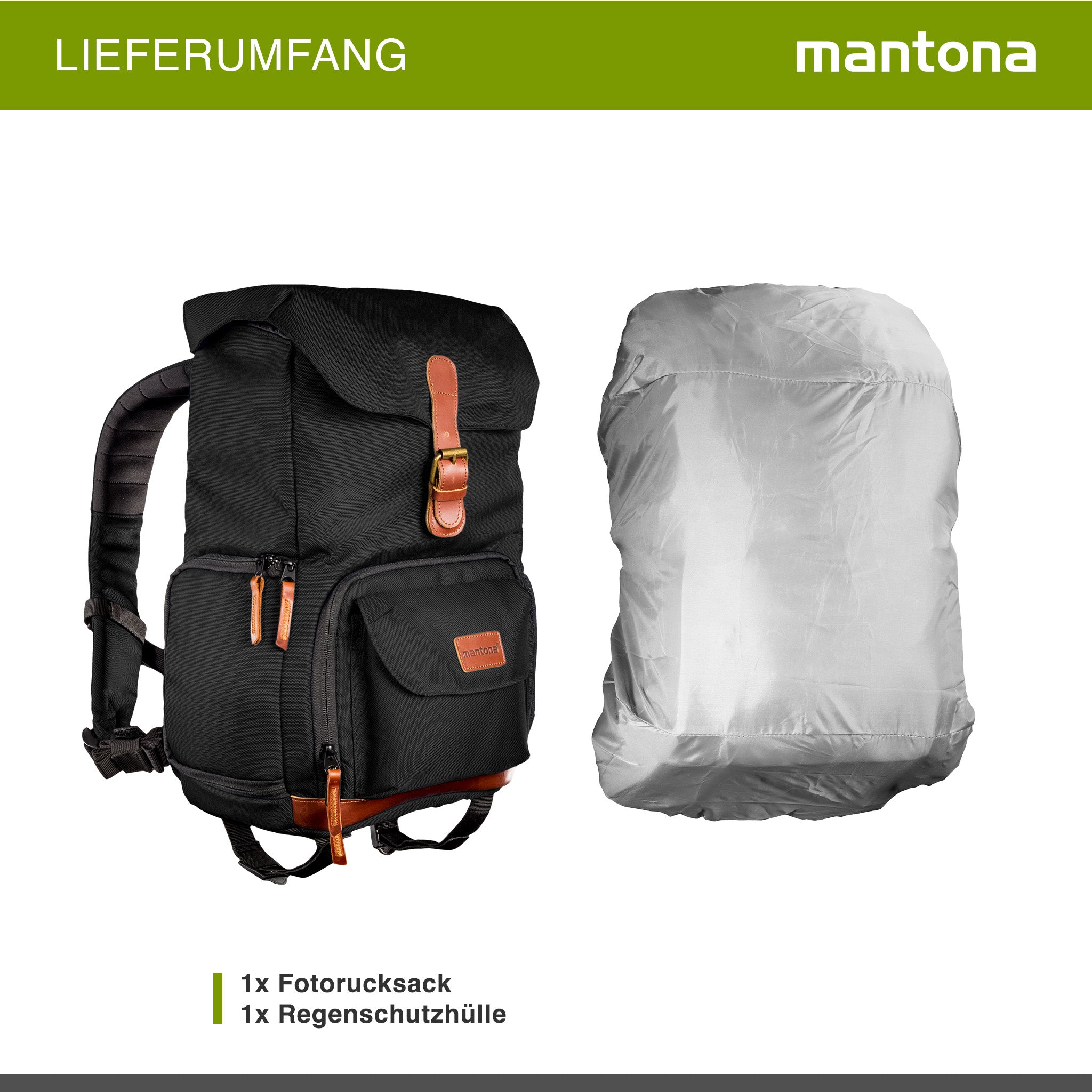 Mantona Luis junior retro Zaino fotografico (con applicazioni in vera pelle, inclusa copertura antipioggia, organizzazione flessibile e scomparto per tablet per 1x fotocamera DSLR, 1-2 obiettivi) nero