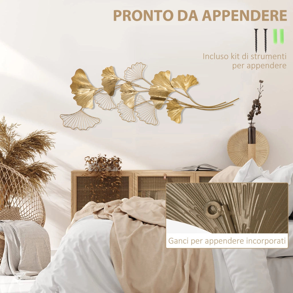 Decorazione Murale 3D in Metallo Foglie di Ginkgo ¨C zephmum ¨C Dorata 138x70 cm