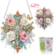 Decorazione per finestra in vetro di diamante, croce a doppia faccia con fiori, pittura al diamante 5D, maniglia per porta con catena, decorazione per finestra, immagine per finestra, primavera, estate, decorazione per adulti