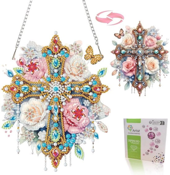 Decorazione per finestra in vetro di diamante, croce a doppia faccia con fiori, pittura al diamante 5D, maniglia per porta con catena, decorazione per finestra, immagine per finestra, primavera, estate, decorazione per adulti