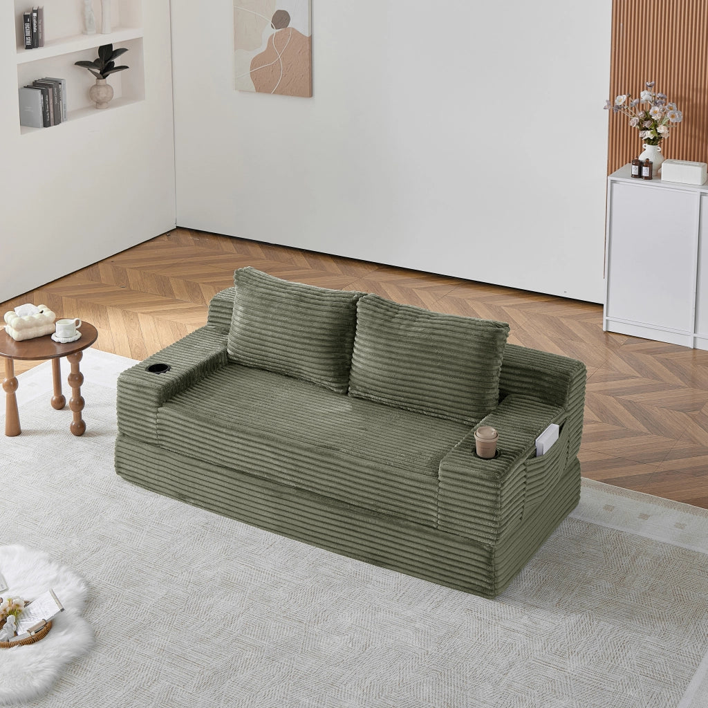 Divano letto 2 in 1 con portabevande in velluto a coste verde