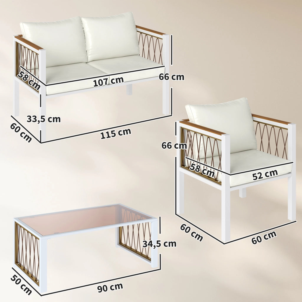 Set Lounge Giardino 4 Pezzi Polyrattan ¨C zephmum ¨C Grigio, Cuscini Rimovibili, Tavolino Vetro